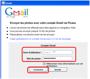 Formulaire de connexion Gmail pour envoyer des photos avec Picasa