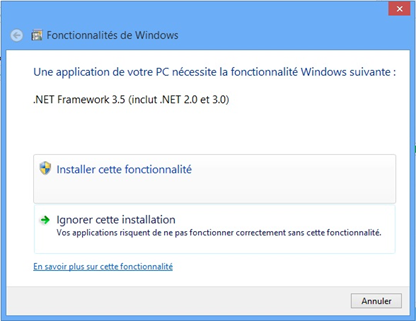 Message d'erreur Windows 8 pour installer Net Framework