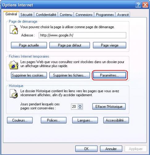 Paramètres Internet Explorer