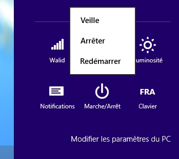 Bouton Arrêter, redémarrer Windows 8