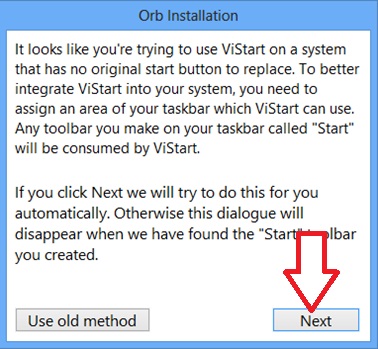 Message poru choisir l'emplacement du bouton démarrerInstallation de l'application ViStart