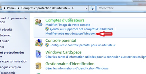 Bouton pour modifier le mot de passe Windows 7