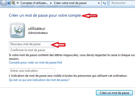 Bouton pour modifier le mot de passe Windows 7