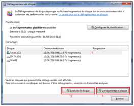 Déroulement de défragmentation sous Windows 7