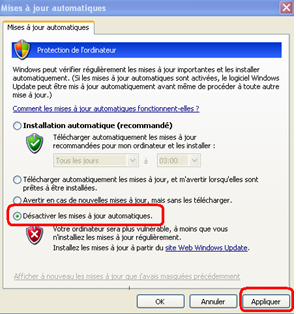 désactiver la mise à jour automatique de Windows XP