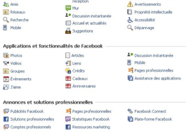 Les catégories du centre d'aide Facebook