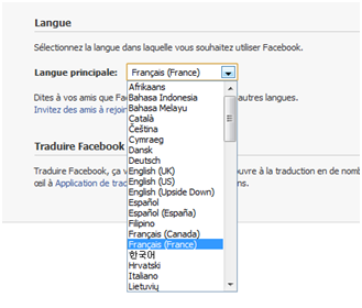 Formulaire du choix de langue pour Facebook