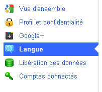 Bouton langue du compte google plus