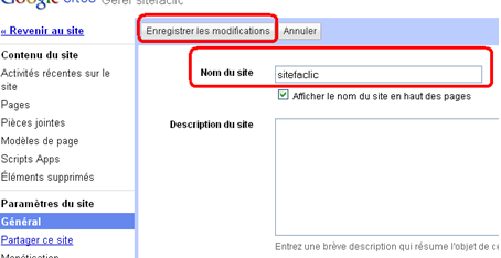 changer le nom de mon site google sites