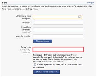 Champ à remplir pour le surnom facebook