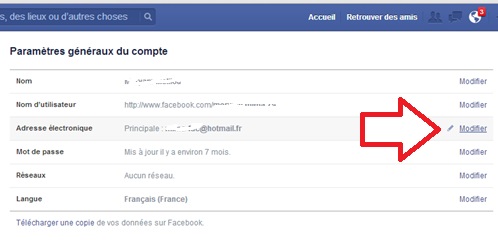 Bouton pour modifier l'adresse email Facebook