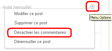 Bouton pour désactiver les commentaires d'un post google plus