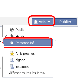 Bouton pour le choix des groupes ou personnes autorisés à voir la publication