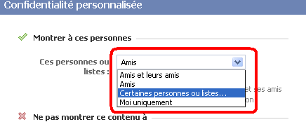 Liste à sélectionner pour le choix des groupes ou personnes autorisés a voir la publication