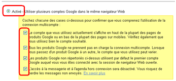 Les cases à cocher pour paramétrer la connexion multicompte google plus