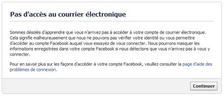 Message Facebook infomant qu'il est impossible de récupérer le compte !