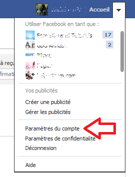 Menu Facebook paramètre du compte