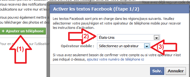 Ajout du pays et opérateur téléphonique Facebook