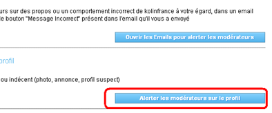 Bouton pour alerter un modérateur sur un profil Meetic