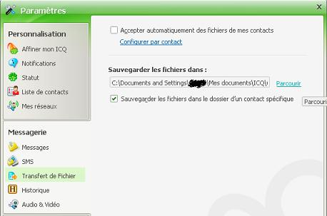 Modifier le chemin de réception par défaut  des fichiers sur ICQ