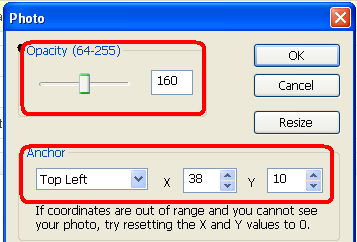 Régler dimensions et opacité de la photo avec Photoscap