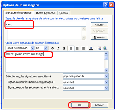 Formulaire pour rédiger la signature électronique Outlook