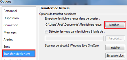 Modifier le chemin par défaut de réception des fichiers sur MSN