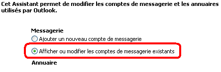 Bouton à cocher afficher ou modifier les comptes de messagerie Outlook