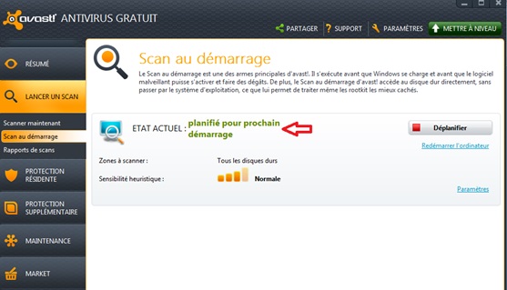 Bouton pour lancer le scan Avast avant le démarrage