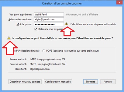 Erreur mot de passe, connexion Email Thunderbird