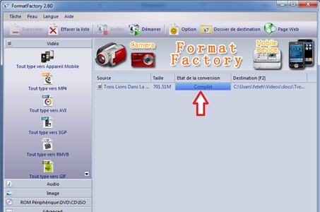 Fin de conversion de la vidéo vers le 3GP