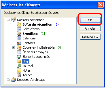 Fenêtre pour choisir l'emplacement du déplacement d'email Outlook