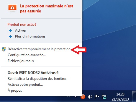 Bouton pour désactiver temporairement Nod32