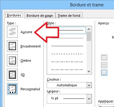 Bouton Aucune bordure Word
