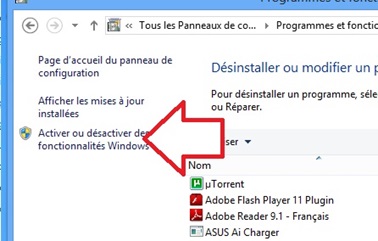 Bouton Activer ou désactiver des fonctionnalités Windows 8