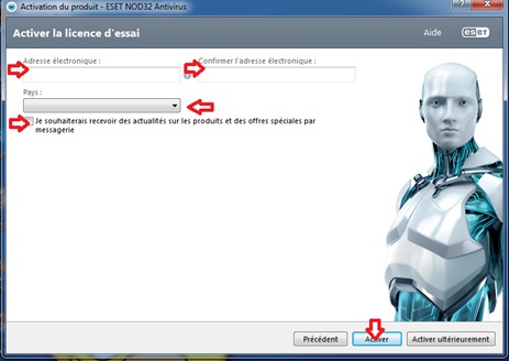 Activation de licence d'essai ESET NOD32