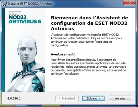 Fenêtre de bienvenue ESET NOD32