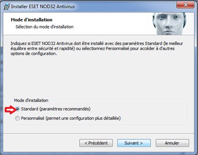 Choix d'instalation standard recommandée par ESET NOD32