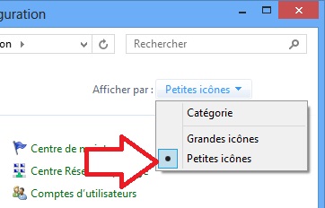 Affichage par petite icônes du paneau de configuration Windows