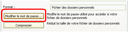 Bouton pour modifier le mot de passe Outlook