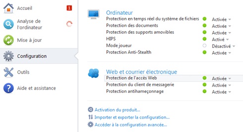 Fenêtre de configuration Nod 32