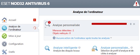 Fenêtre Nod32 avec des virus détectés