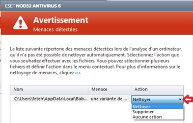 Choix du sort des virus détectés par Nod 32