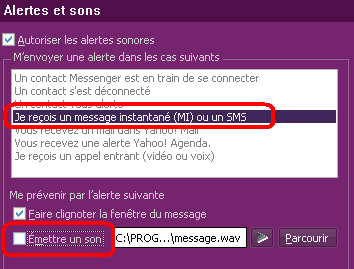 Supprimer l’alerte Yahoo messenger lors de réception d’un message