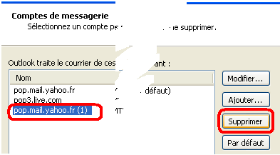 Bouton pour supprimer un compte de messagerie outlook