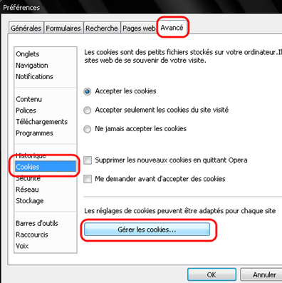 Gérer les cookies Opera