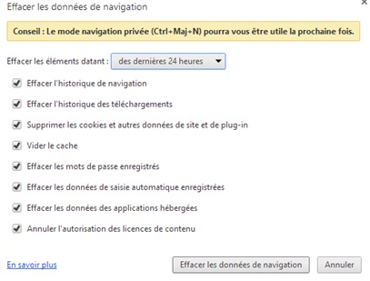 Information d'historique à effacer de Google Chrome