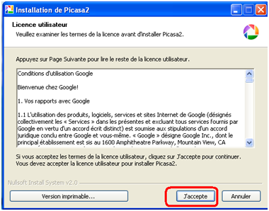 Acceptez les conditions d'utilisation de picasa