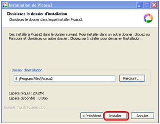 Choix du dossierd'instatllation de Picassa