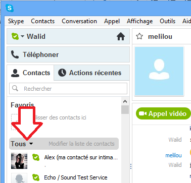Boutons pour séparer les contacts Skype